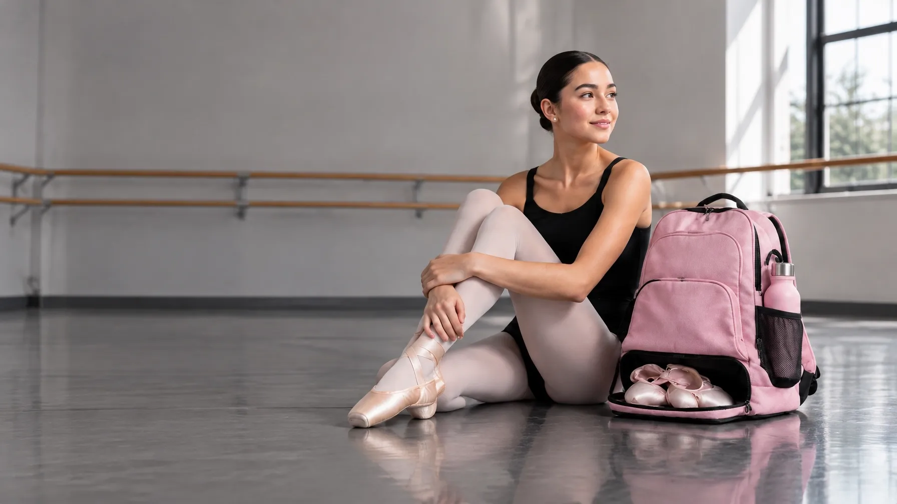 Dancer in a studio beside a pink Moxipak backpack with ballet shoes in its lower compartment