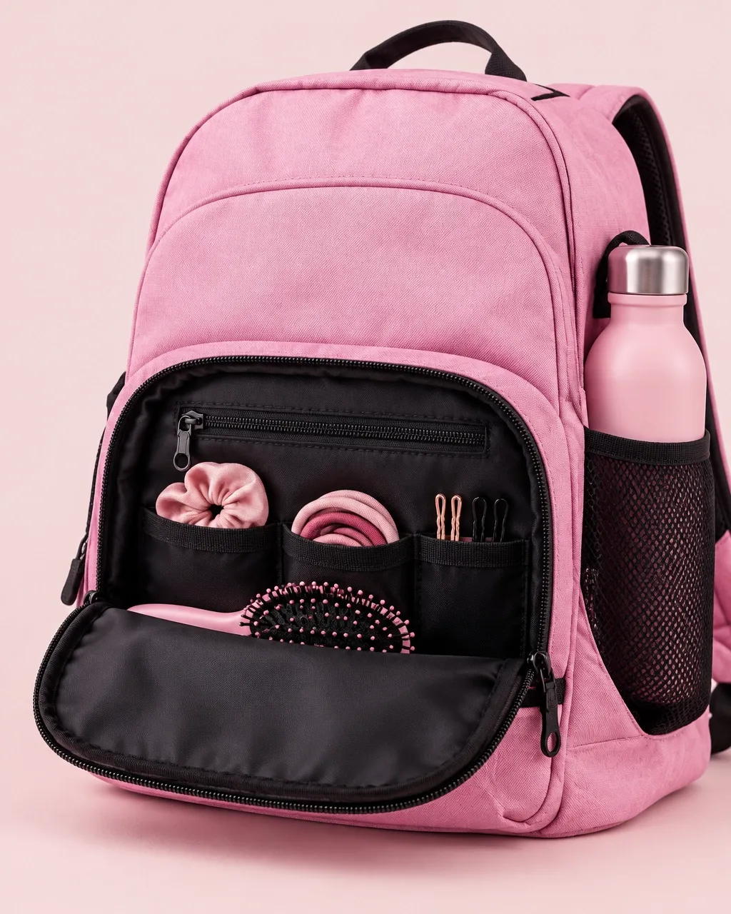 Open organizer pocket with hair ties and brush