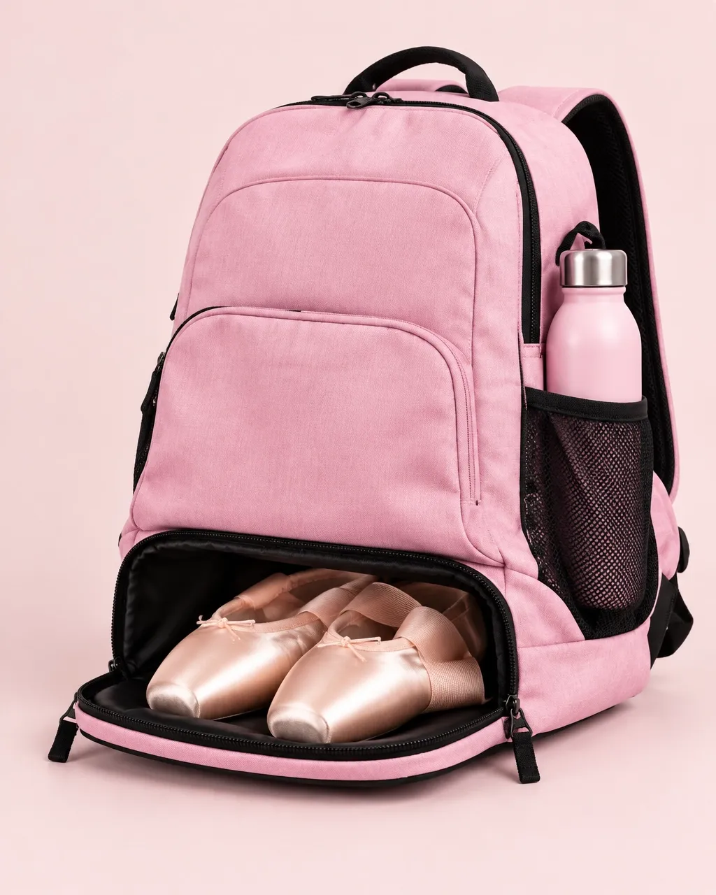 Pink dance backpack with ballet shoes in the separate lower compartment